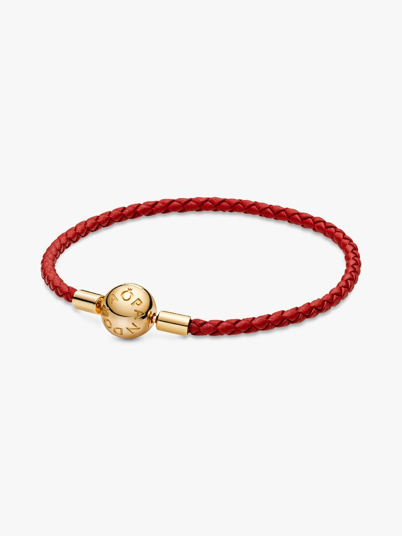 Pandora Moments Red Woven Leather Bracelet 14k gold plating