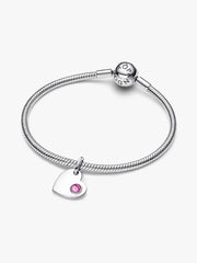 October Engravable Pink Stone Heart Dangle Charm Sterling silver