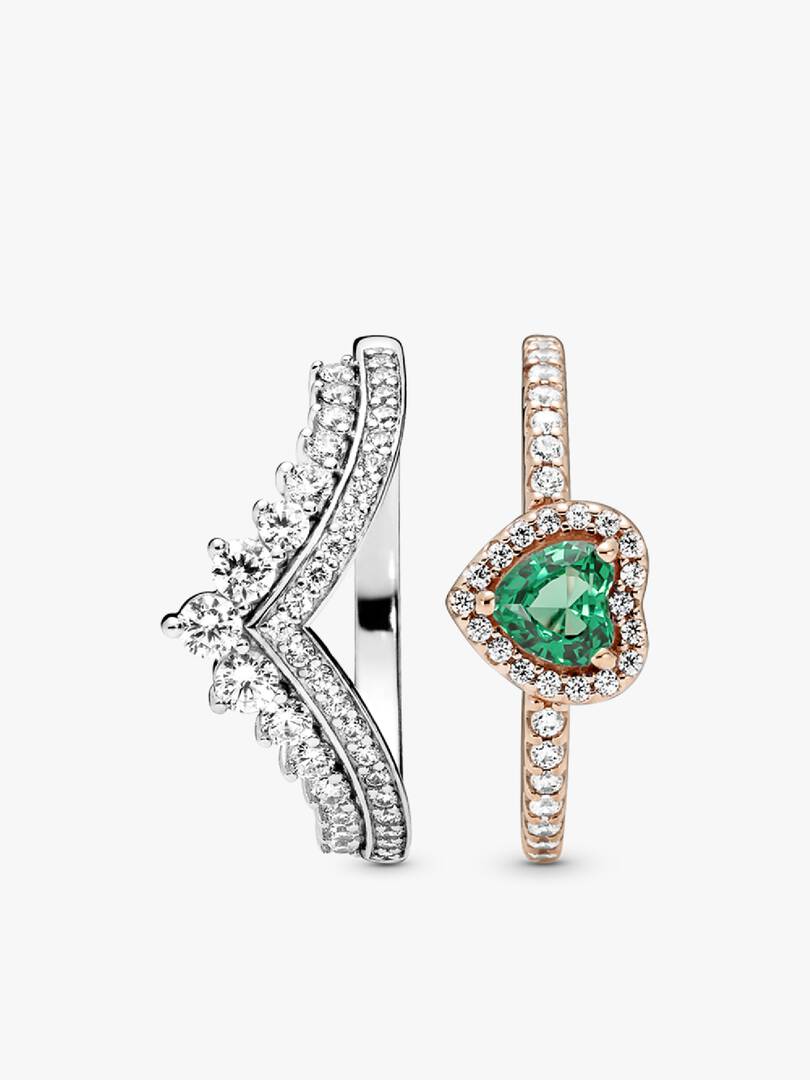 Green Heart Princess Wishbone Stacking Ring Set 2 Quantity