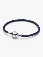 FINAL SALE - Pandora Moments Round Clasp Blue Braided Leather Bracelet Sterling silver
