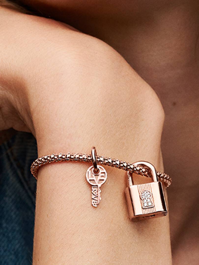 Padlock & Key Dangle Charm 14k rose gold plating
