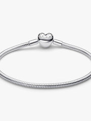 Pandora Sterling Silver Lab-grown Diamond Heart Clasp Snake Chain Bracelet 0.51 ct TW, Sterling silver