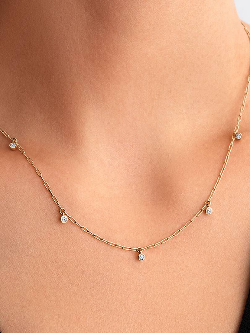 Pandora Era Bezel Lab-Grown Diamond Dangle Station Paperclip Chain Necklace 0.13 ct TW, 14k gold
