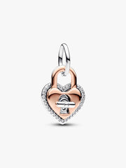 FINAL SALE - Two-tone Twistable Heart Padlock Double Dangle Charm Sterling silver, 14k rose gold plating