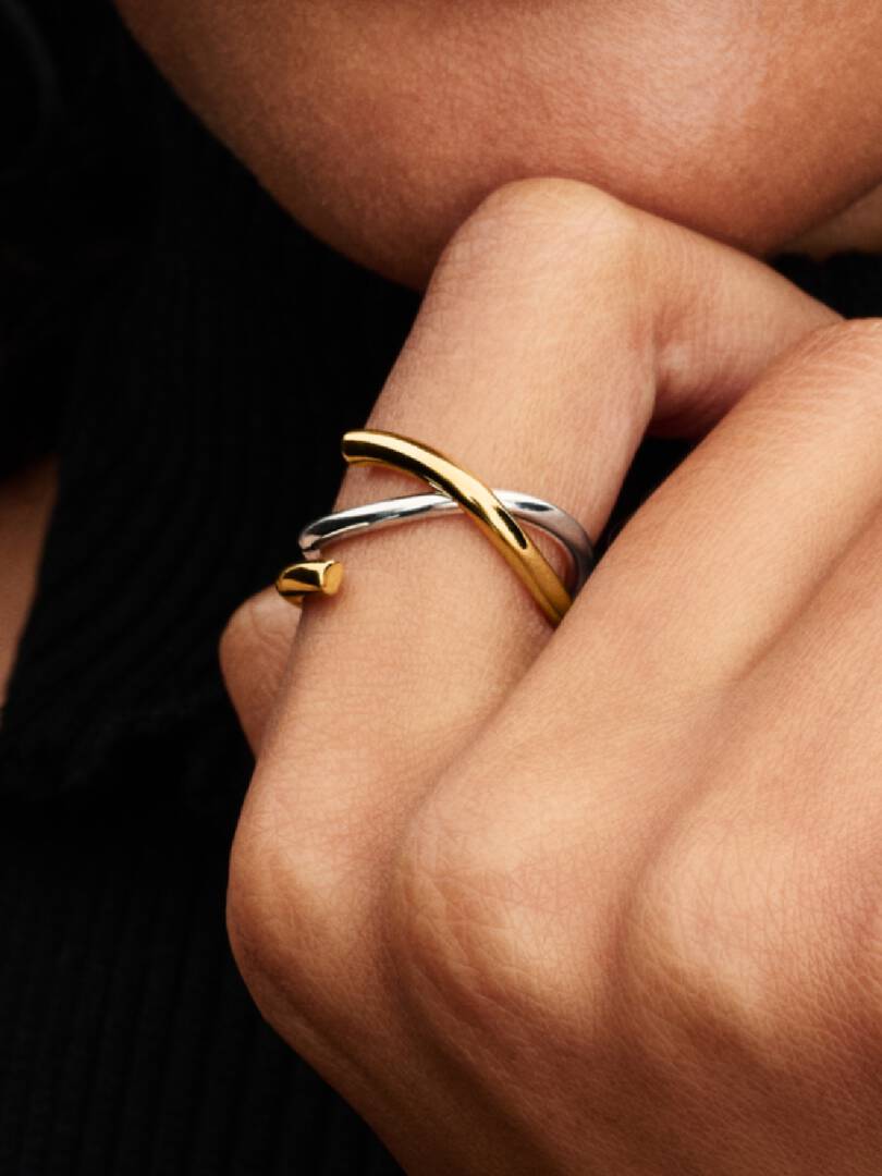 Organically Shaped Two-tone Double Ring Sterling silver, 14k gold plating