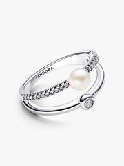 FINAL SALE - Treated Freshwater Cultured Pearl & Pavé Double Band Ring Sterling silver