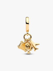 Airplane, Globe & Suitcase Triple Dangle Charm 14k gold plating