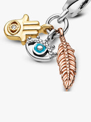 FINAL SALE - Hamsa, All-seeing Eye & Feather Spirituality Dangle Charm Sterling silver, 14k gold plating, 14k rose gold plating