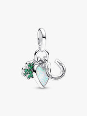 FINAL SALE - Four Leaf Clover, Heart and Horseshoe Triple Dangle Charm Sterling silver