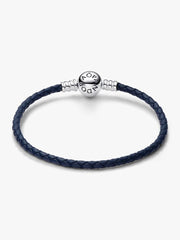 FINAL SALE - Pandora Moments Round Clasp Blue Braided Leather Bracelet Sterling silver