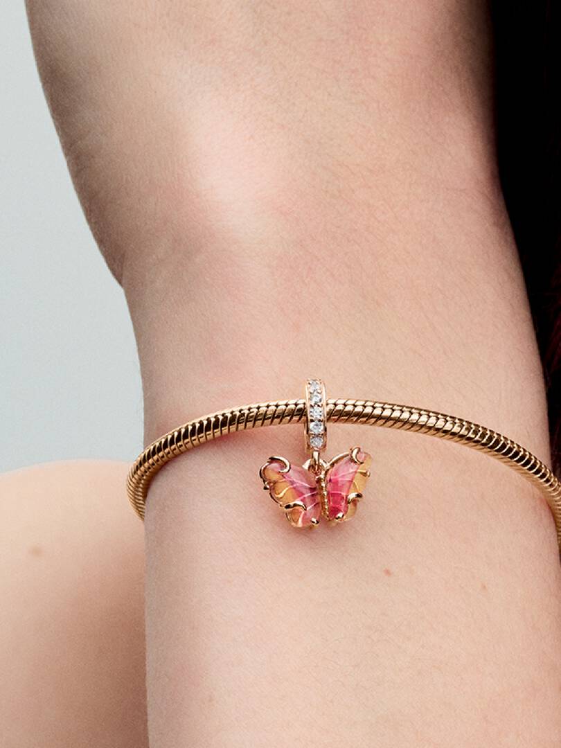 Pink & Yellow Murano Glass Butterfly Dangle Charm 14k rose gold plating