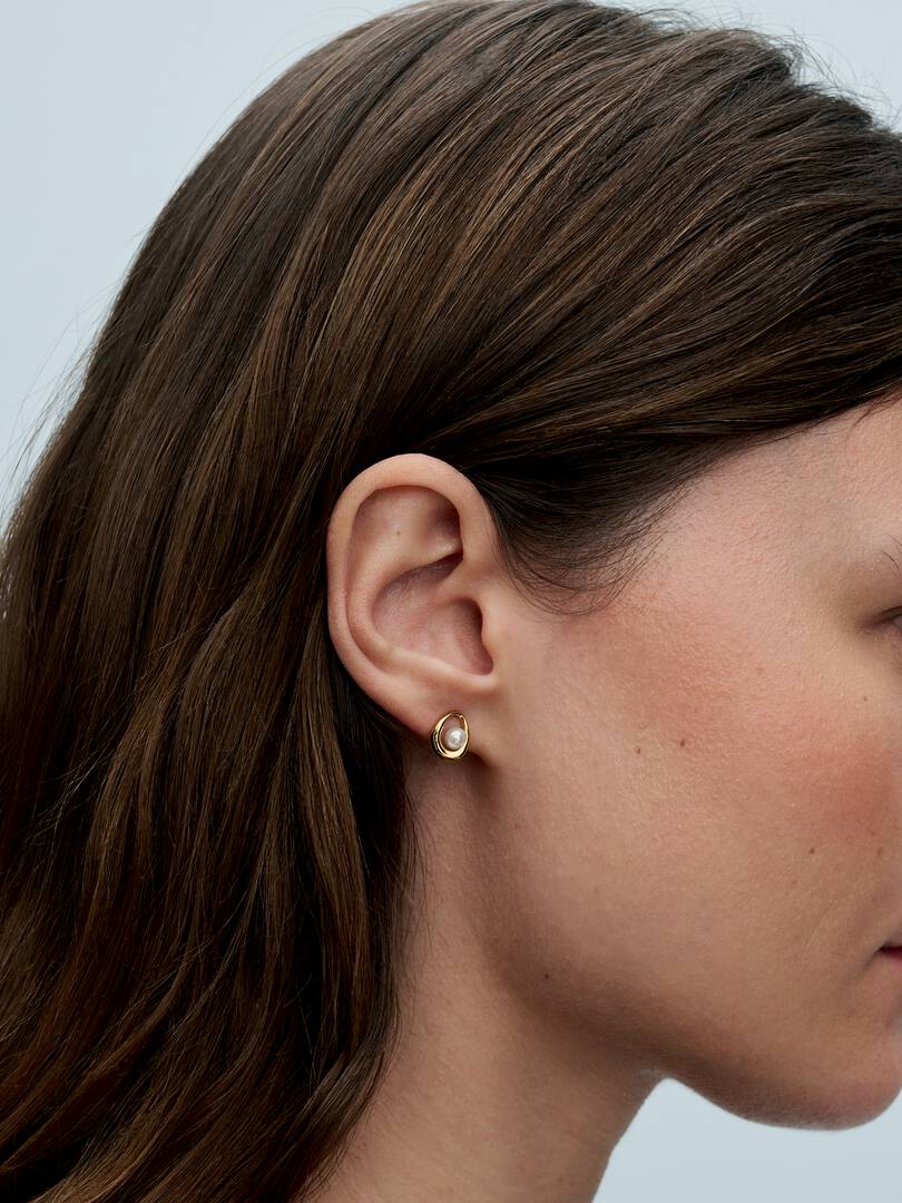 Organically Shaped Oval & Treated Freshwater Cultured Pearl Stud Earrings 14k gold plating