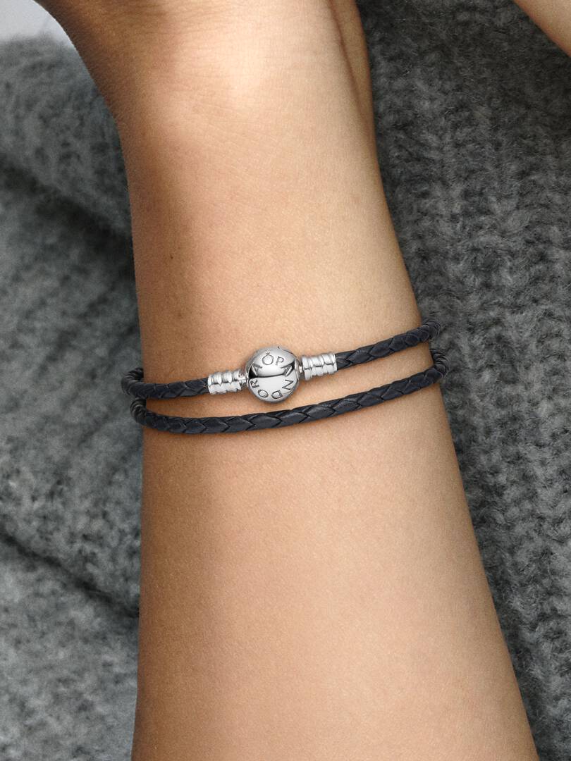 Pandora Moments Double Black Leather Bracelet Sterling silver