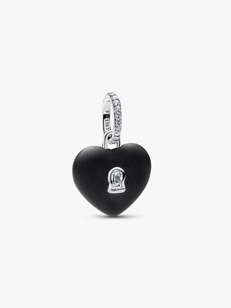 Matte Black Ceramic Heart Padlock Dangle Charm Sterling silver