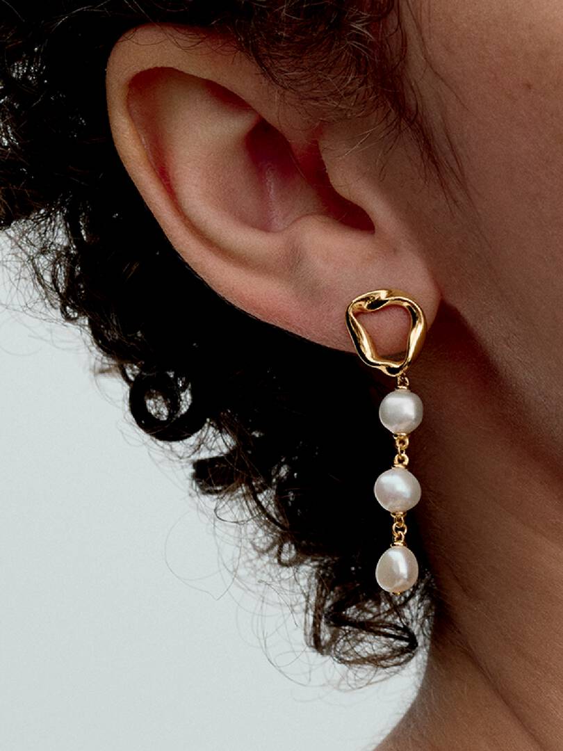 Organically Shaped Circle & Baroque Treated Freshwater Cultured Pearls Drop Earrings 14k gold plating