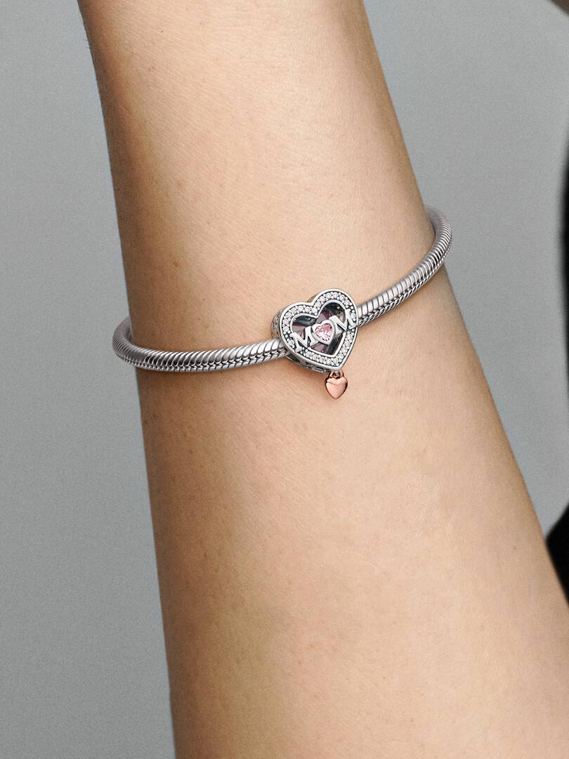 Two-tone Openwork Mom & Heart Charm Sterling silver, 14k rose gold plating