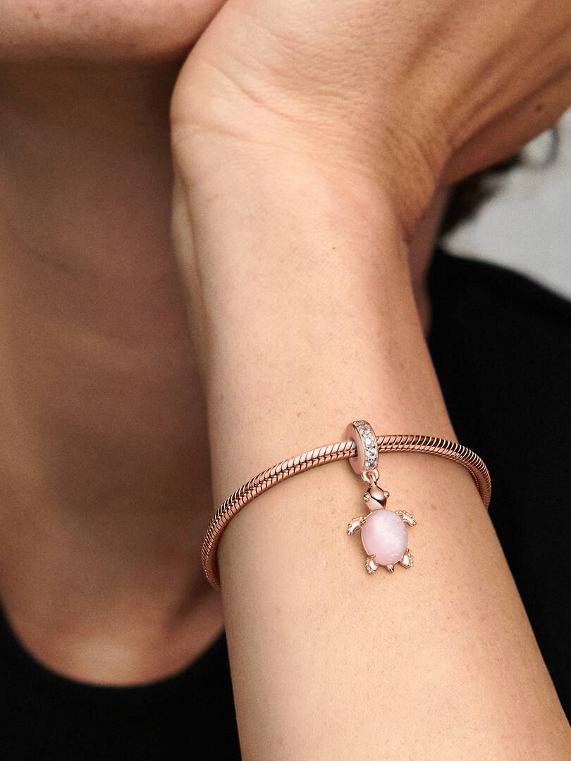 Murano Glass Pink Sea Turtle Dangle Charm 14k rose gold plating