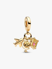 Airplane, Globe & Suitcase Triple Dangle Charm 14k gold plating