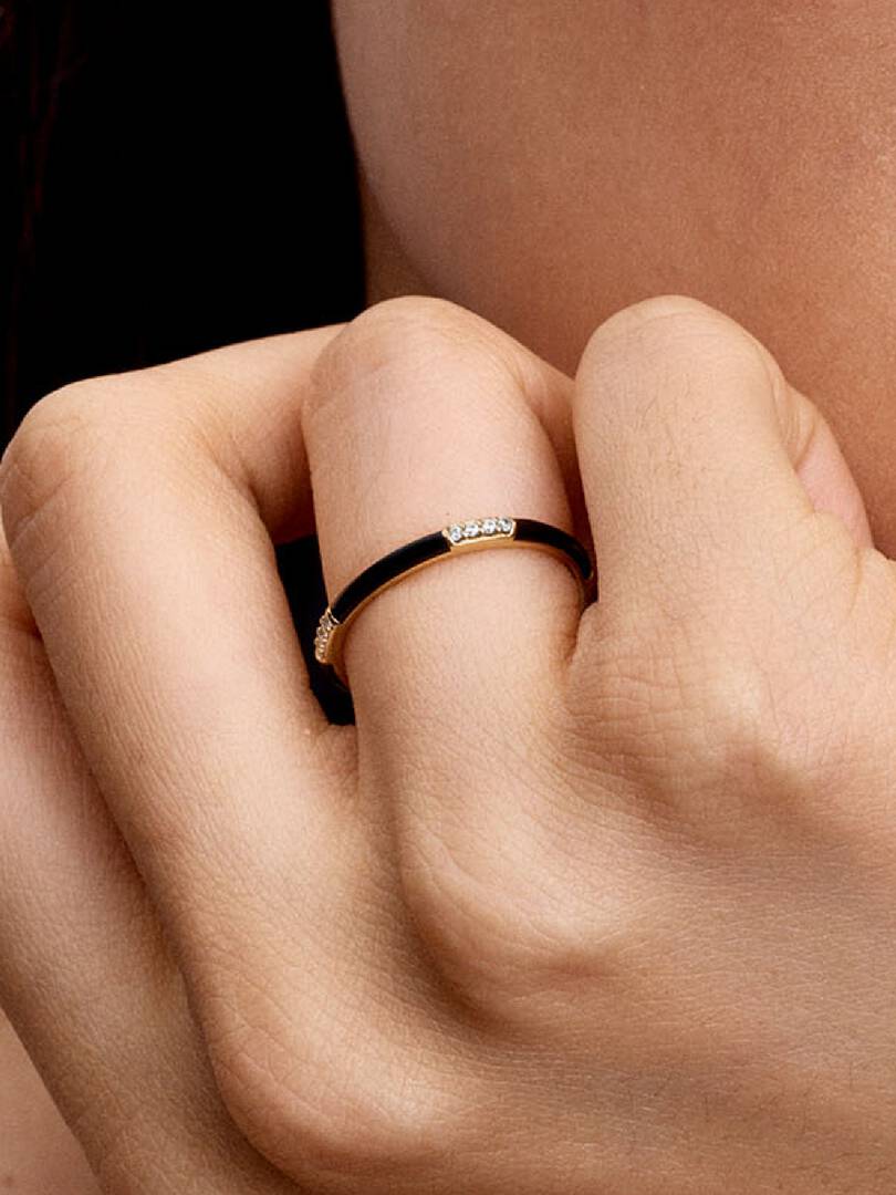 Black Enamel & Stones Ring 14k gold plating