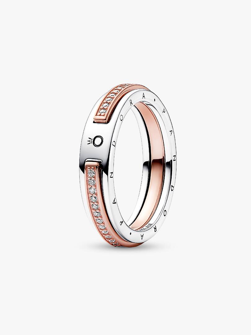 Pandora Signature Two-tone Logo & Pavé Ring Sterling silver, 14k rose gold plating