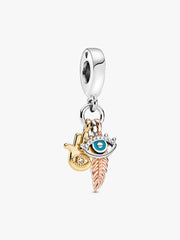FINAL SALE - Hamsa, All-seeing Eye & Feather Spirituality Dangle Charm Sterling silver, 14k gold plating, 14k rose gold plating