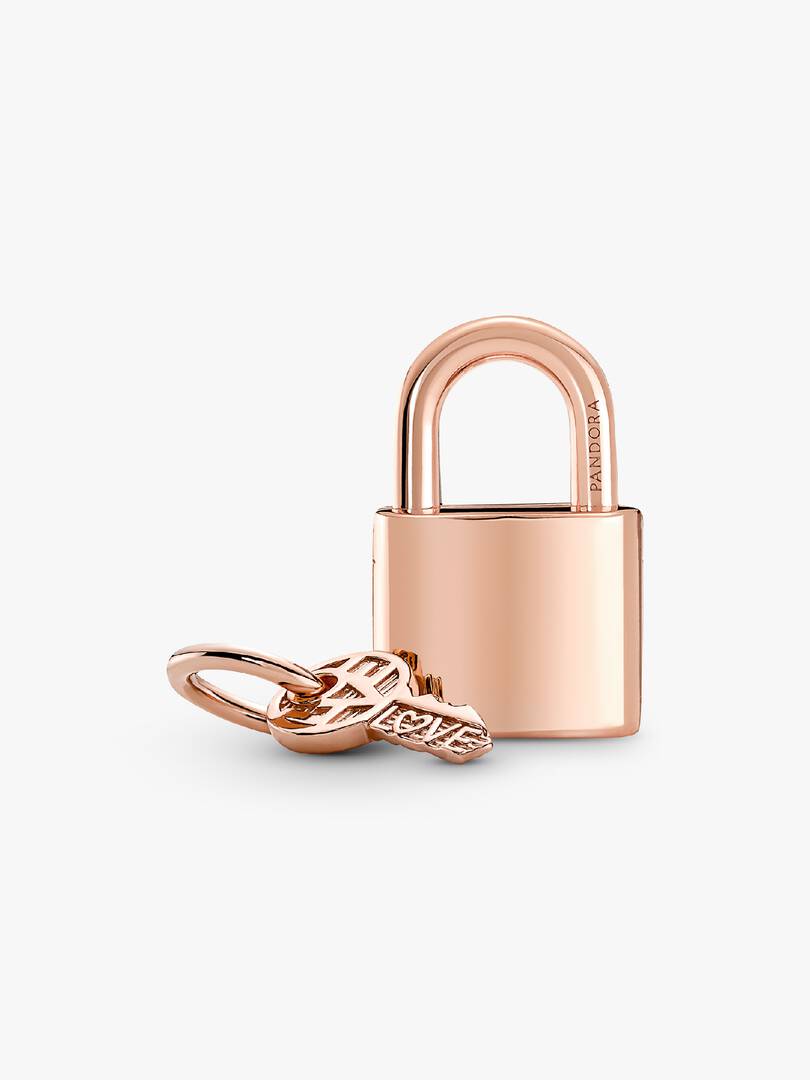 Padlock & Key Dangle Charm 14k rose gold plating