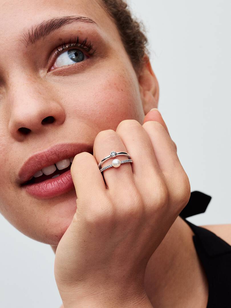 FINAL SALE - Treated Freshwater Cultured Pearl & Pavé Double Band Ring Sterling silver