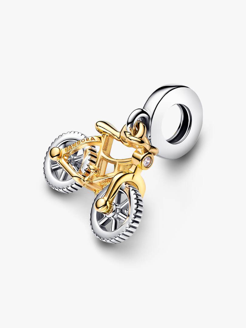 Two-tone Spinning Wheels Bicycle Dangle Charm Sterling silver, 14k gold plating