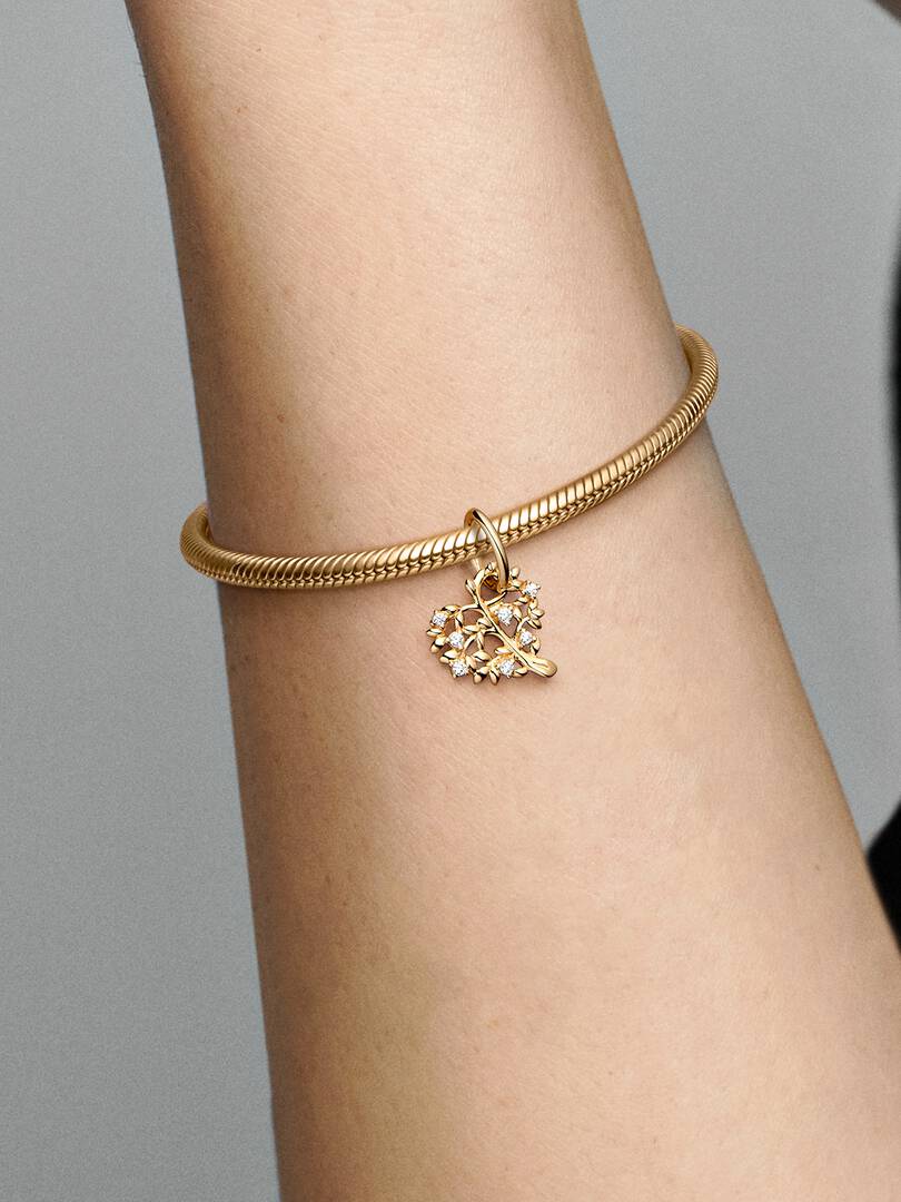 Sparkling Heart & Family Tree Dangle Charm 14k gold
