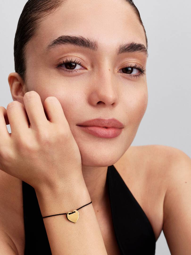 Engravable Heart Black Cord Slider Bracelet 14k gold plating