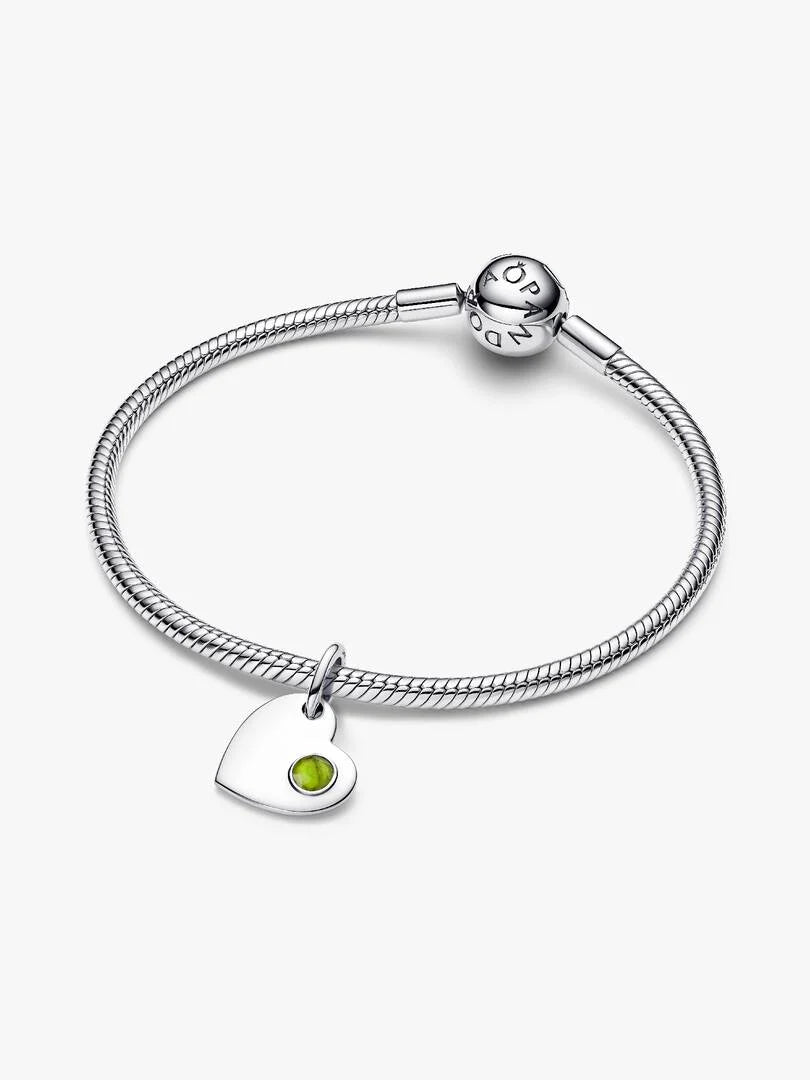 August Engravable Heart Spring Green Stone Dangle Charm Sterling silver