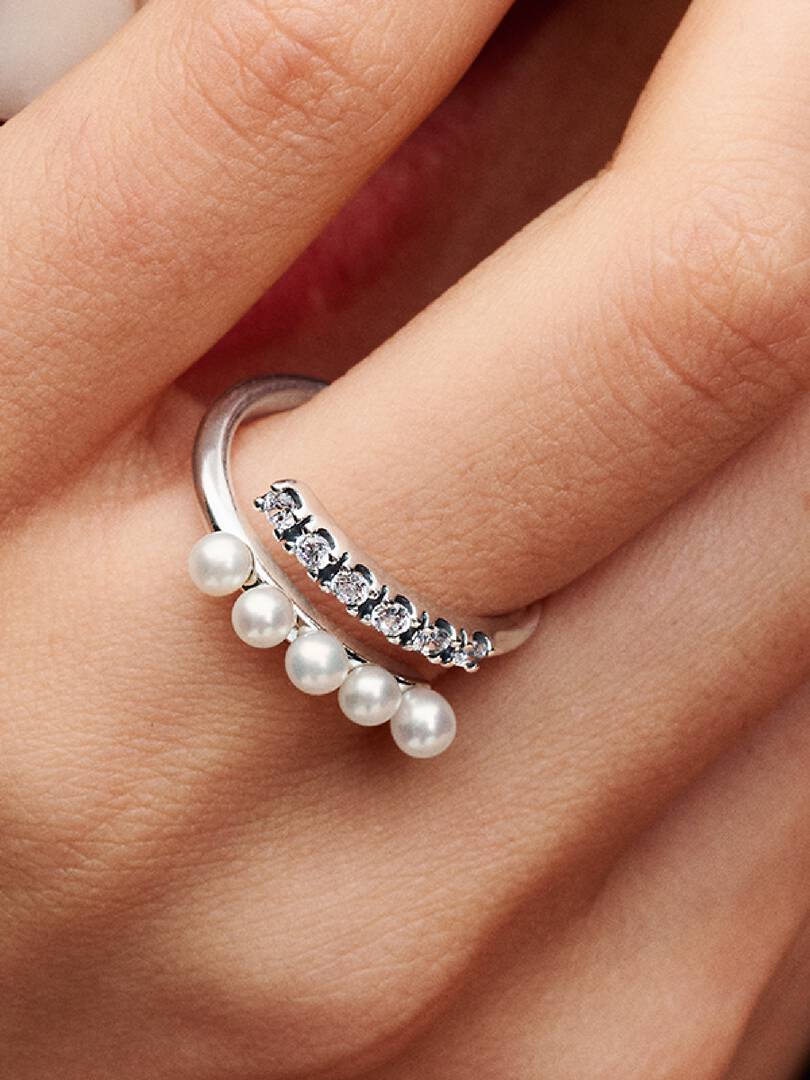 FINAL SALE - Treated Freshwater Cultured Pearls & Pavé Open Ring Sterling silver