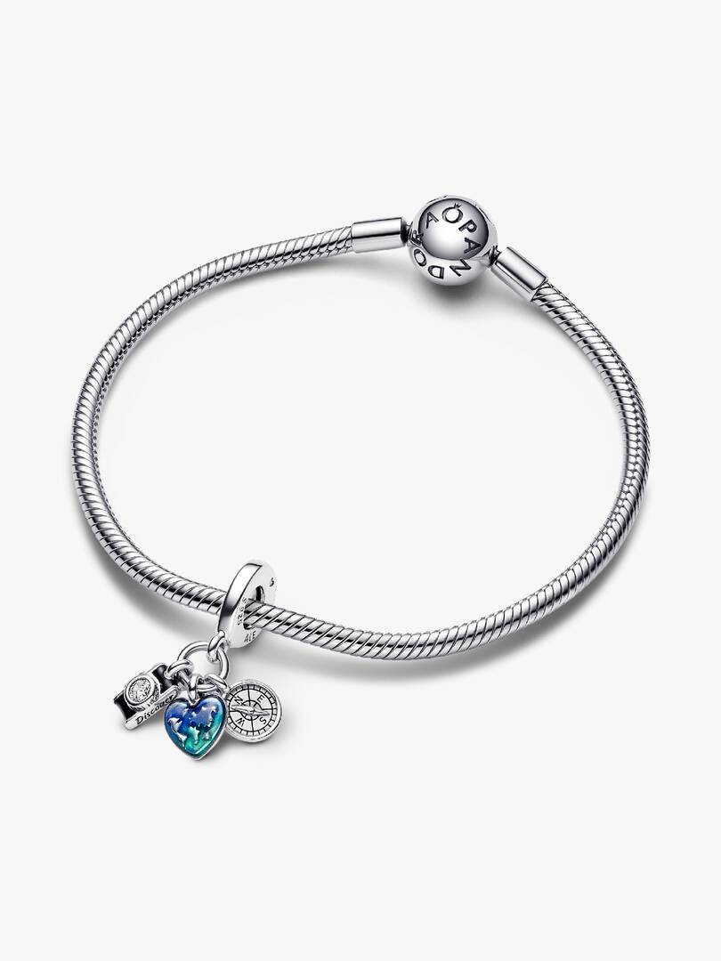 Camera, Heart & Compass Triple Dangle Charm Sterling silver