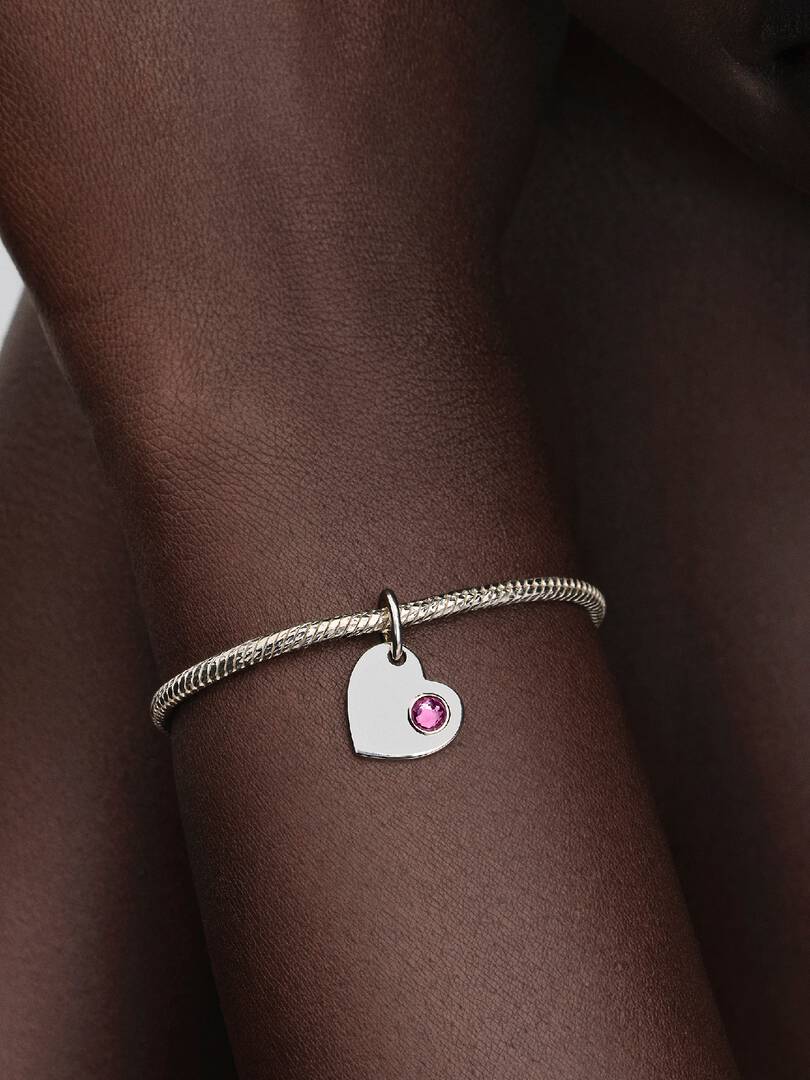October Engravable Pink Stone Heart Dangle Charm Sterling silver