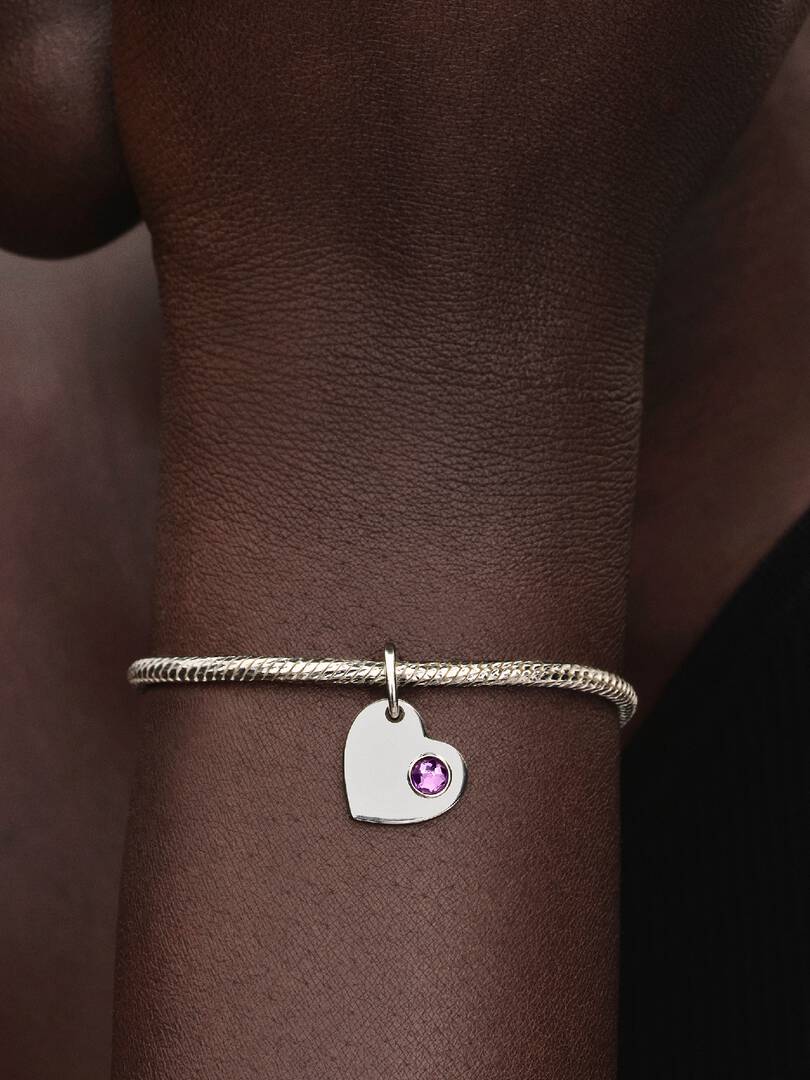 February Engravable Heart Purple Stone Heart Dangle Charm Sterling silver
