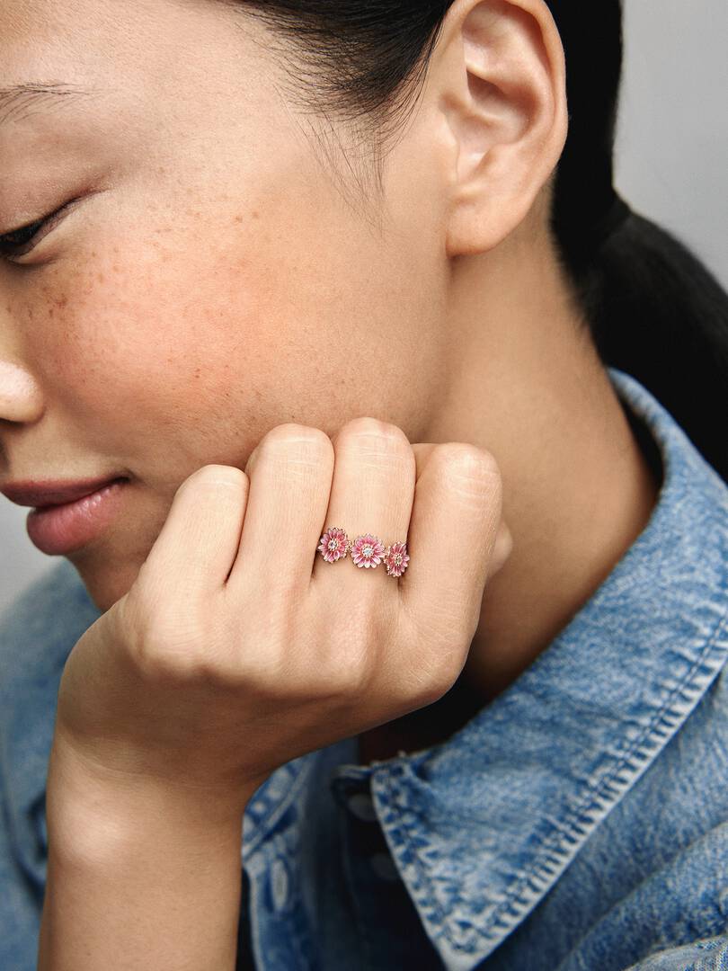 FINAL SALE - Pink Daisy Flower Trio Ring 14k rose gold plating