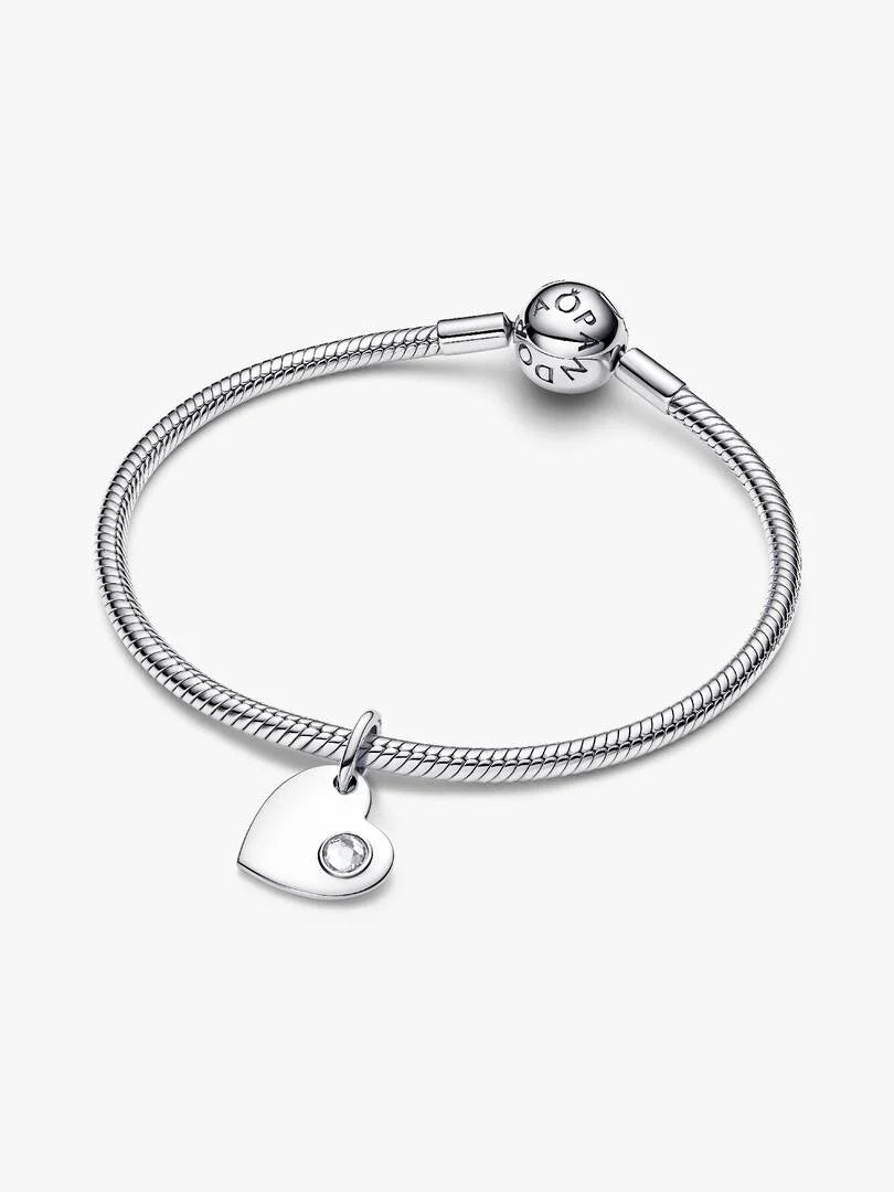 April Engravable Heart Clear Stone Dangle Charm Sterling silver