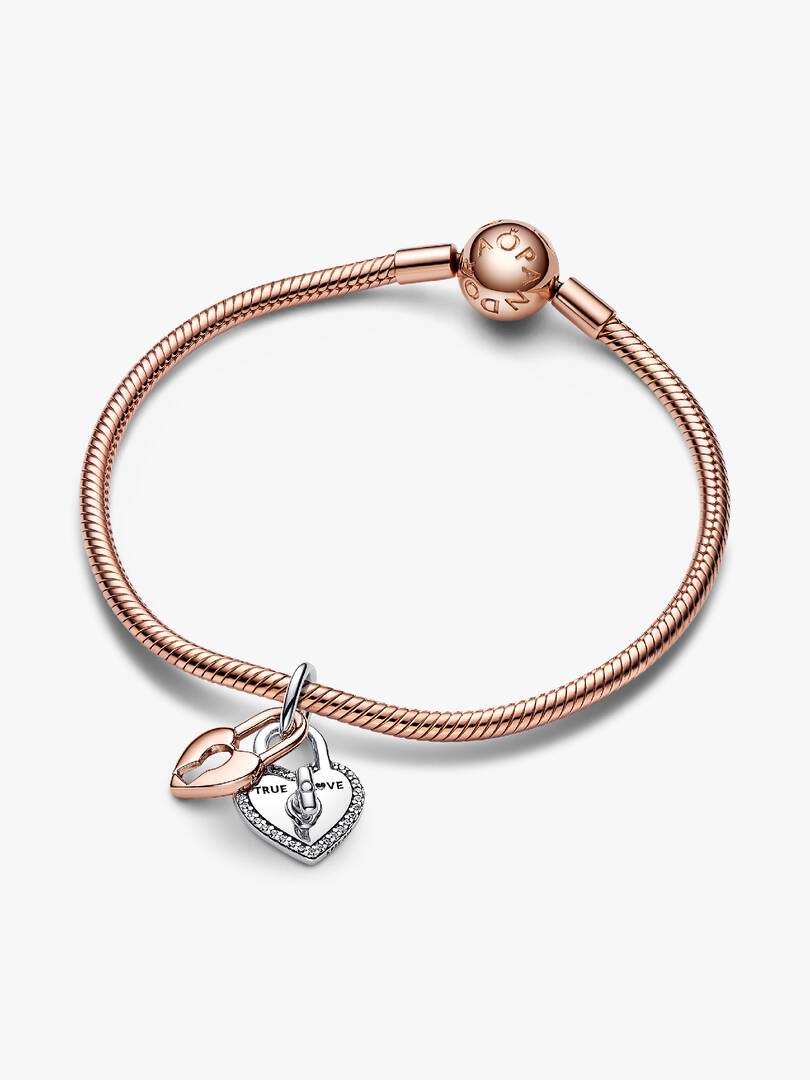 FINAL SALE - Two-tone Twistable Heart Padlock Double Dangle Charm Sterling silver, 14k rose gold plating
