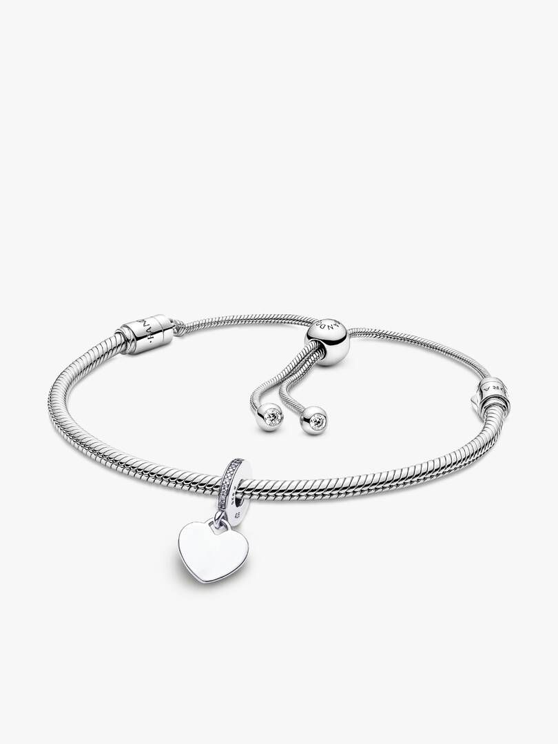 Engravable Heart Tag Dangle Charm Snake Chain Slider Bracelet Set 2 Quantity
