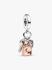 Two-tone Key, Padlock & Heart Triple Dangle Charm Sterling silver, 14k rose gold plating