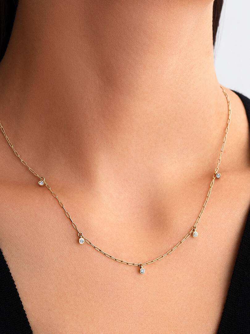 Pandora Era Bezel Lab-Grown Diamond Dangle Station Paperclip Chain Necklace 0.13 ct TW, 14k gold