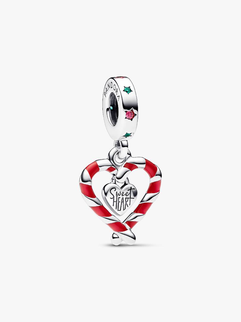 Double Candy Cane Heart Christmas Dangle Charm Sterling silver