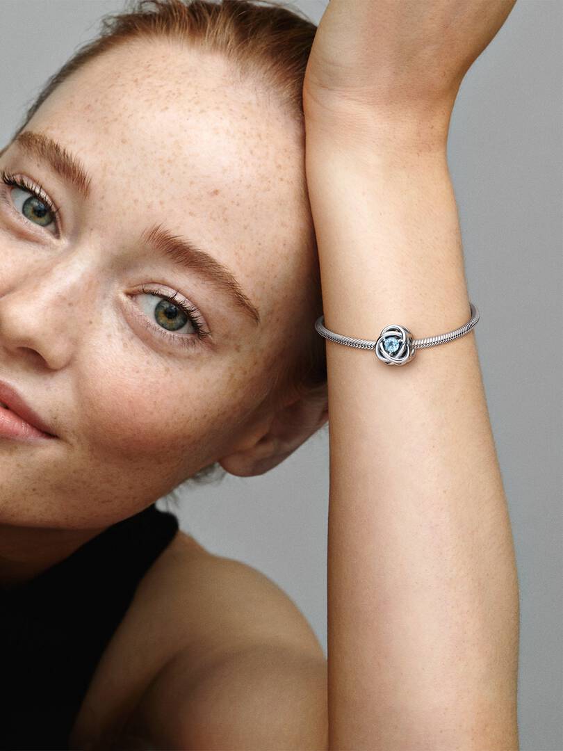 March Sea Aqua Blue Eternity Circle Charm Sterling silver