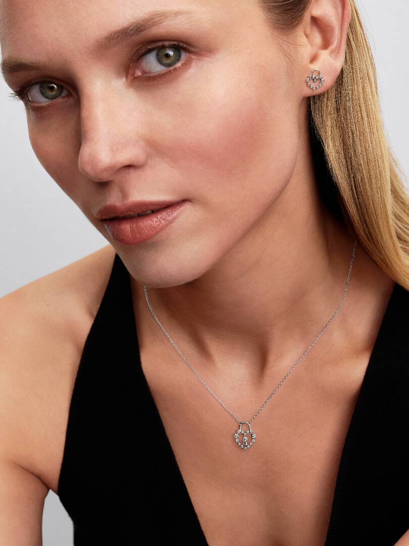 Sparkling Heart Padlock Stud Earrings Sterling silver