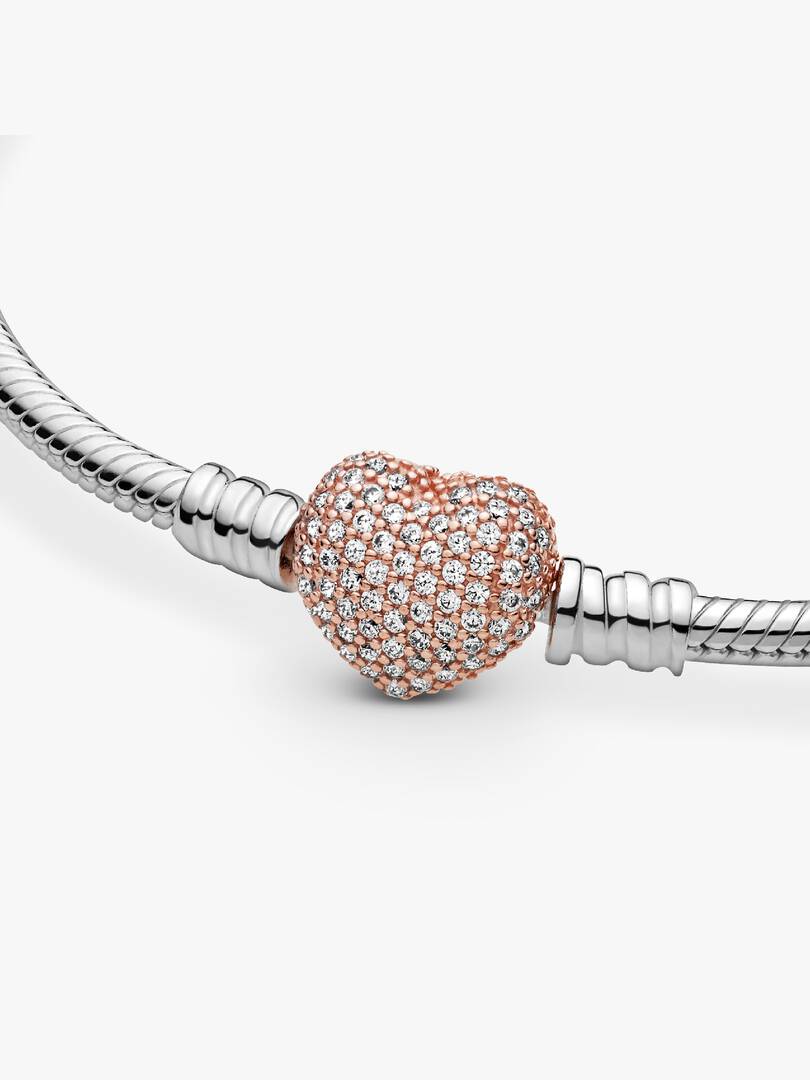 Pandora Moments Pavé Heart Clasp Snake Chain Bracelet Sterling silver, 14k rose gold plating