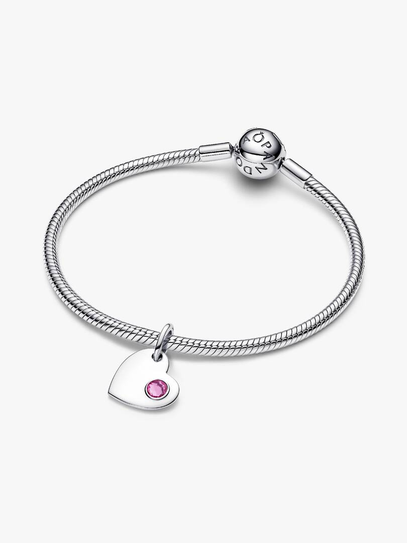 October Engravable Pink Stone Heart Dangle Charm Sterling silver