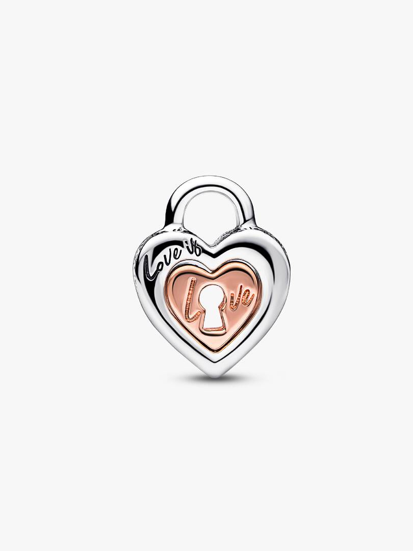 FINAL SALE - Two-tone Padlock Splittable Heart Charm Sterling silver, 14k rose gold plating