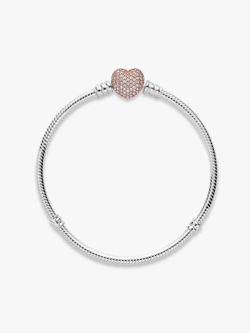 Pandora Moments Pavé Heart Clasp Snake Chain Bracelet Sterling silver, 14k rose gold plating
