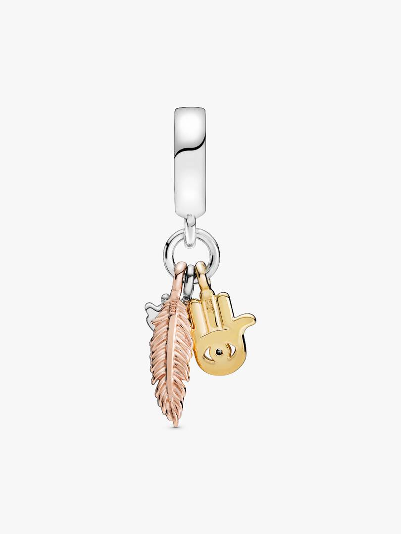 FINAL SALE - Hamsa, All-seeing Eye & Feather Spirituality Dangle Charm Sterling silver, 14k gold plating, 14k rose gold plating