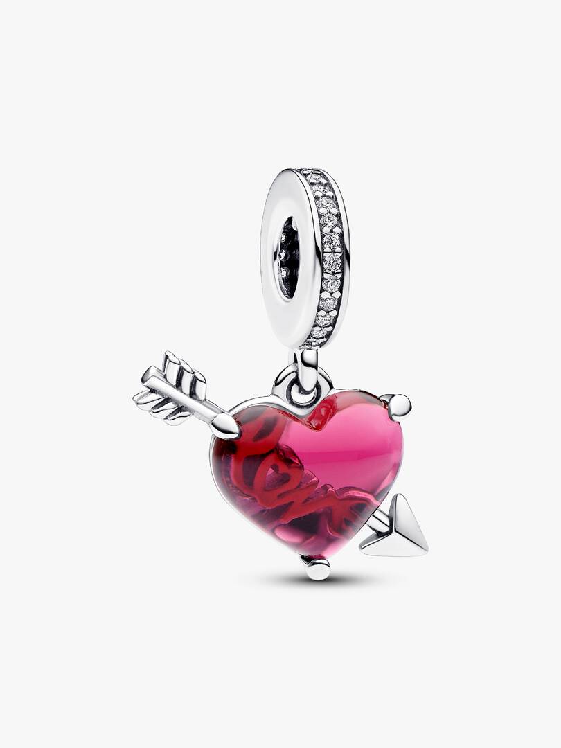 Red Heart & Arrow Murano Glass Dangle Charm Sterling silver